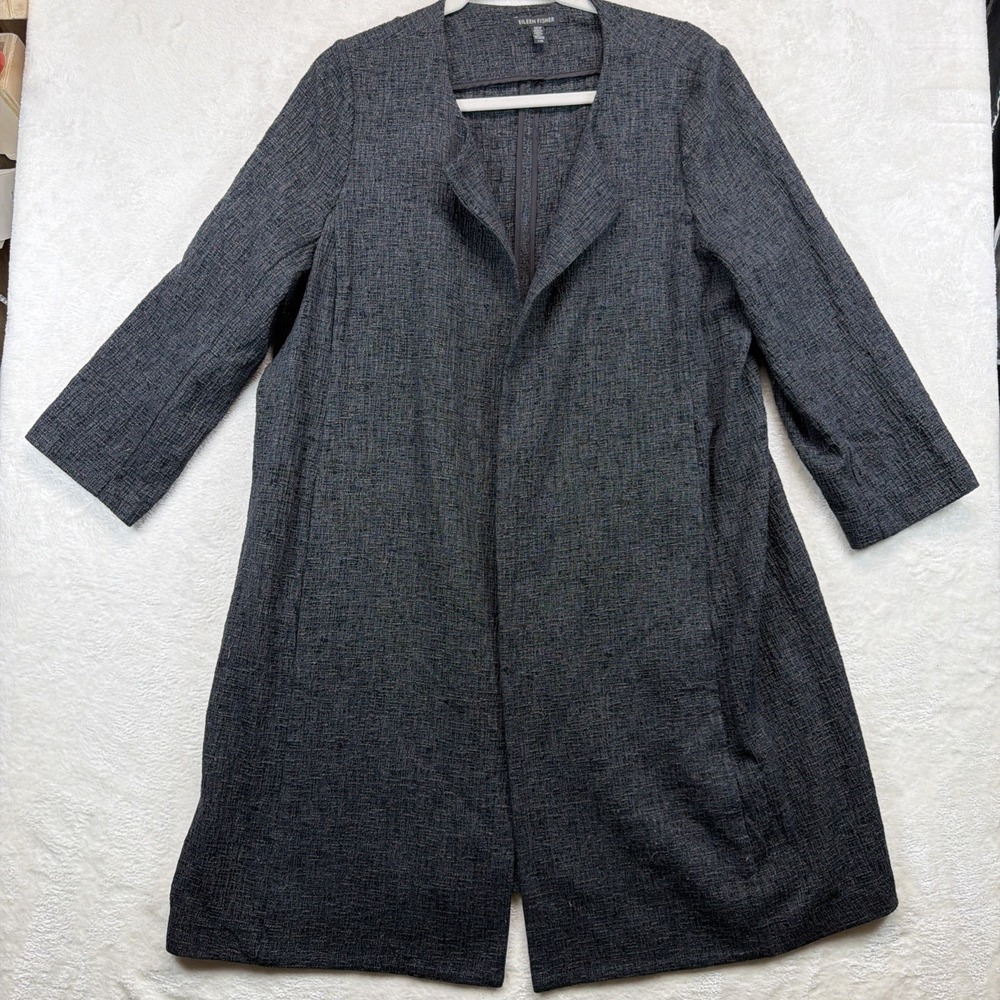 Eileen Fisher Open Front Duster Jacket Women's Large Black Tencel Cotton